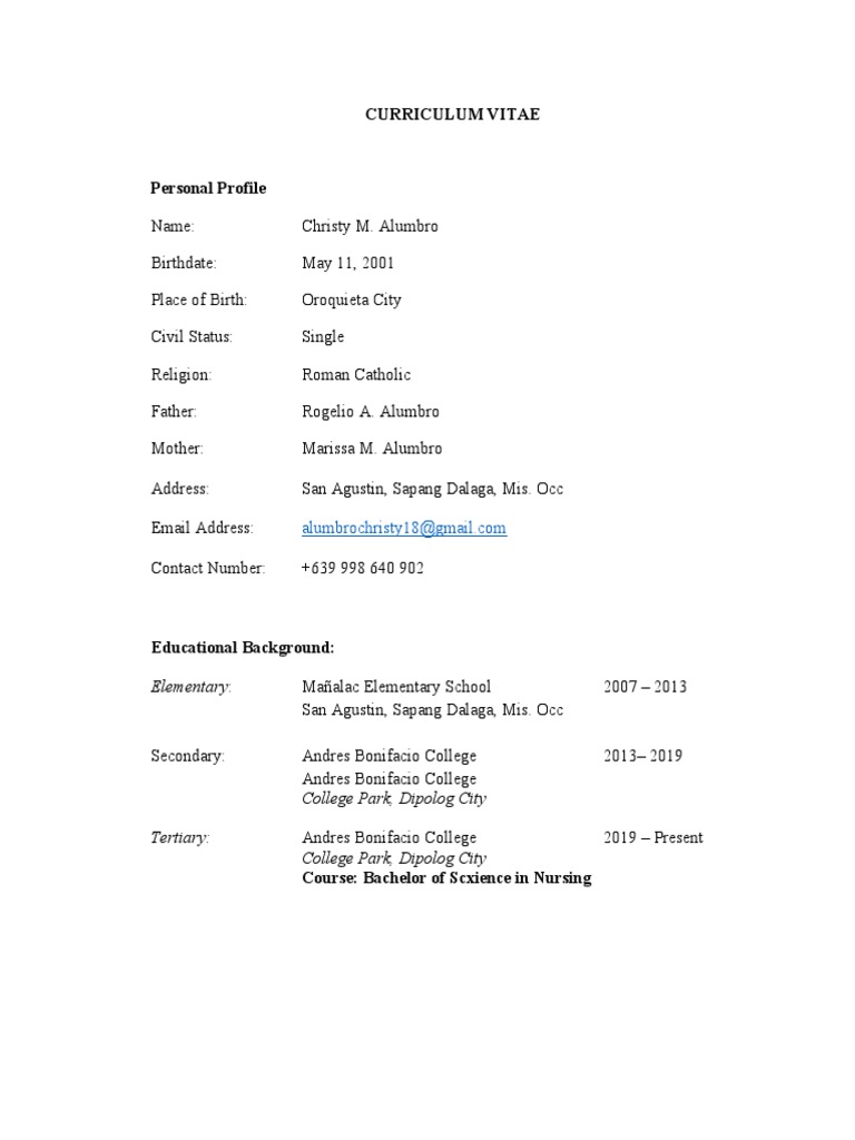 Curriculum Vitae Sample | PDF