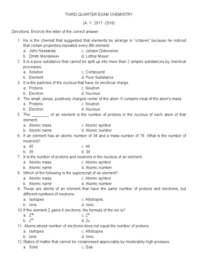 Chemistry Exam PDF Chemical Elements Chemistry