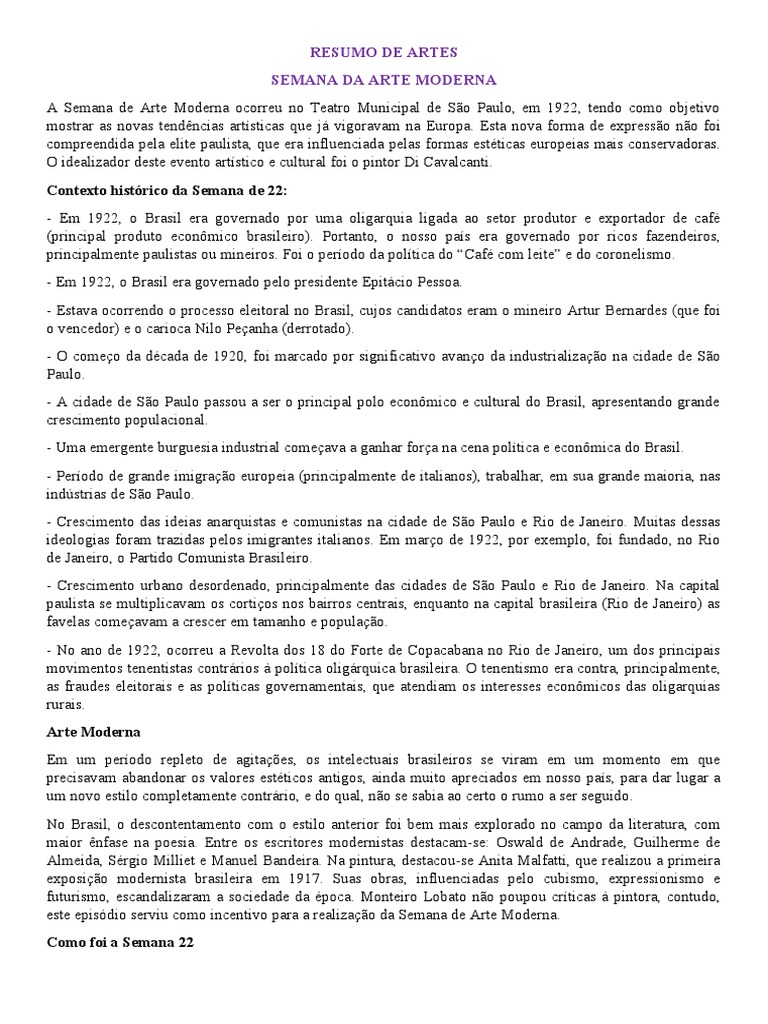 Resumo de Artes Sobre A Semana Da Arte Moderna 22 | PDF | Modernismo ...