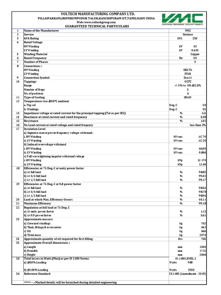 Voltech Manufacturing Company LTD.: Guaranteed Technical Particulars ...