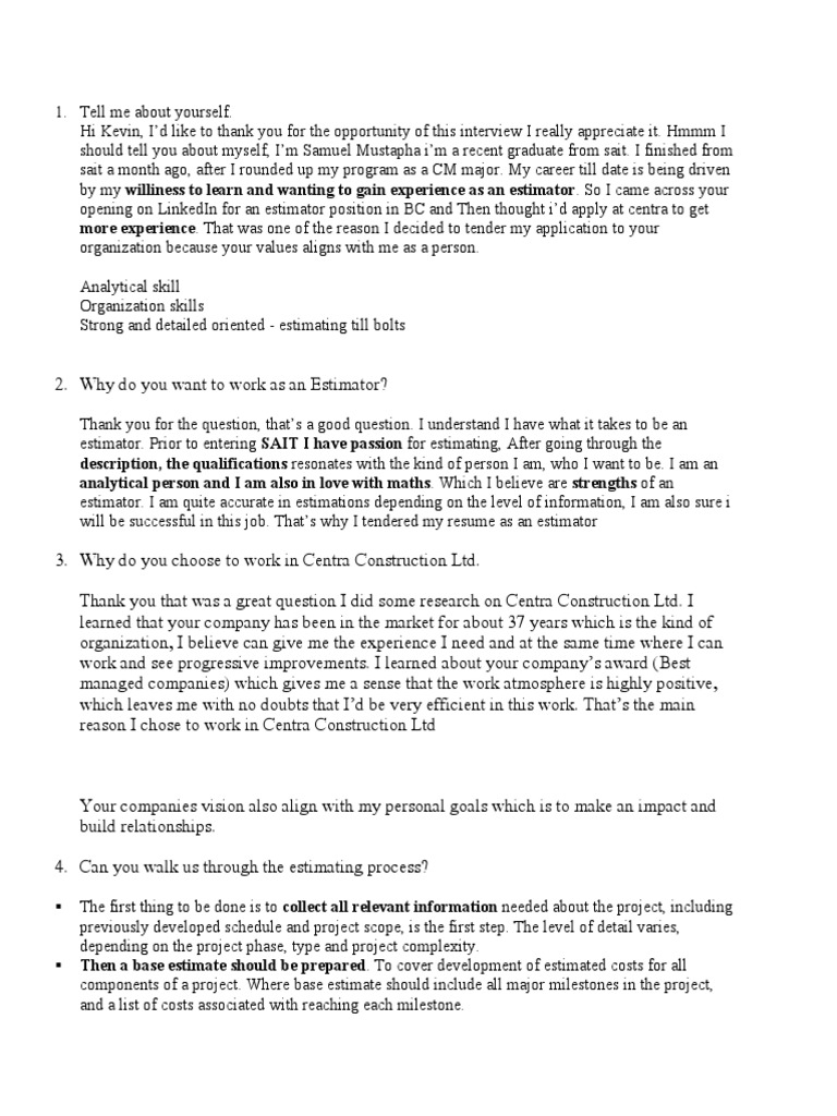 Estimator Interview Questions PDF Professional Skills Time Management