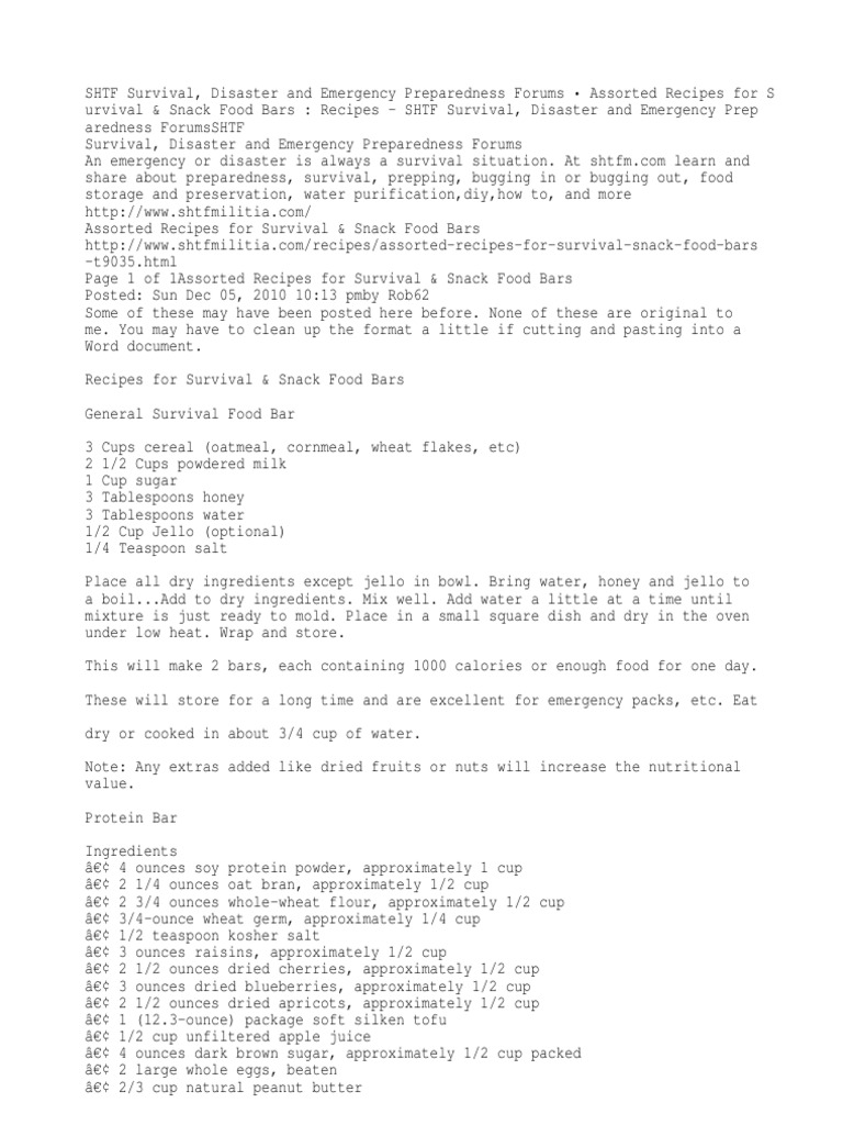 Assorted Recipes For Survival & Snack Food Bars Recipes PDF Oatmeal