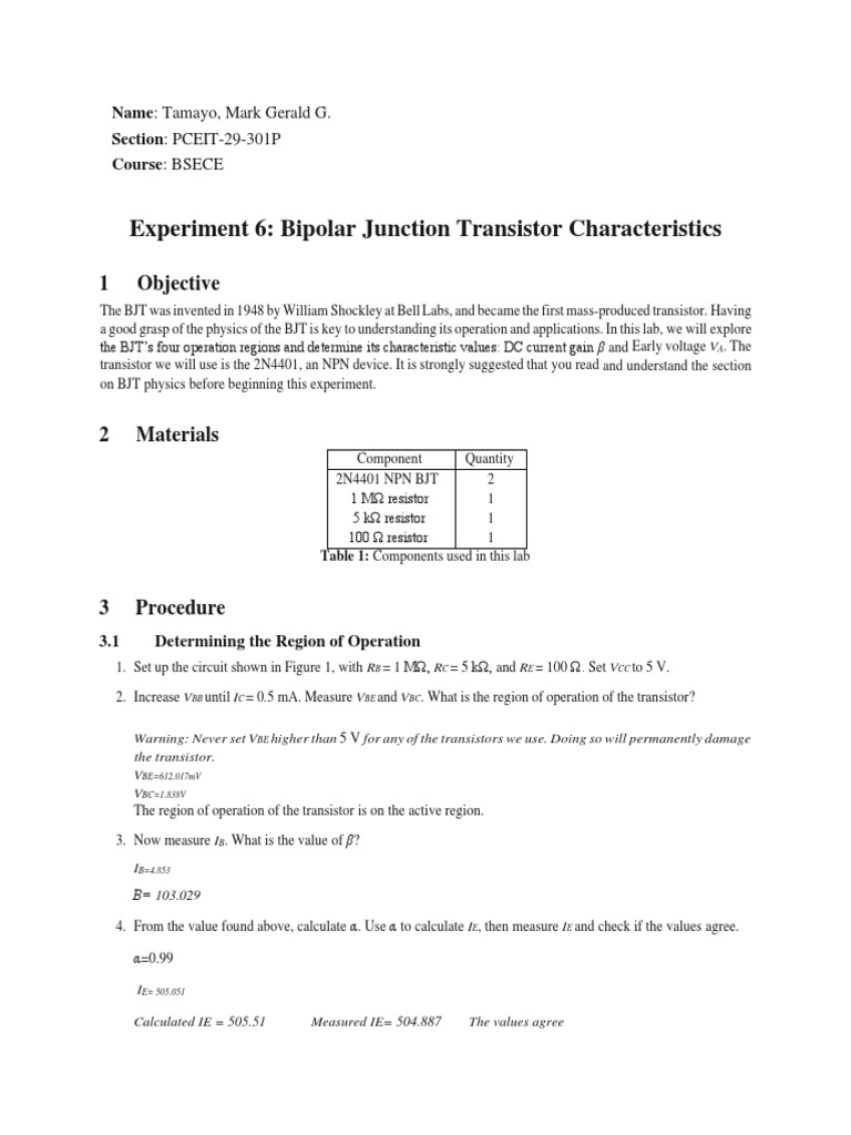 Experiment 6 Bipolar Junction Transistor Characteristics 1 Objective