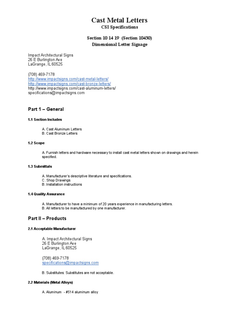 Cast Metal Letters CSI Specifications Section 10 14 19 (Section 10430