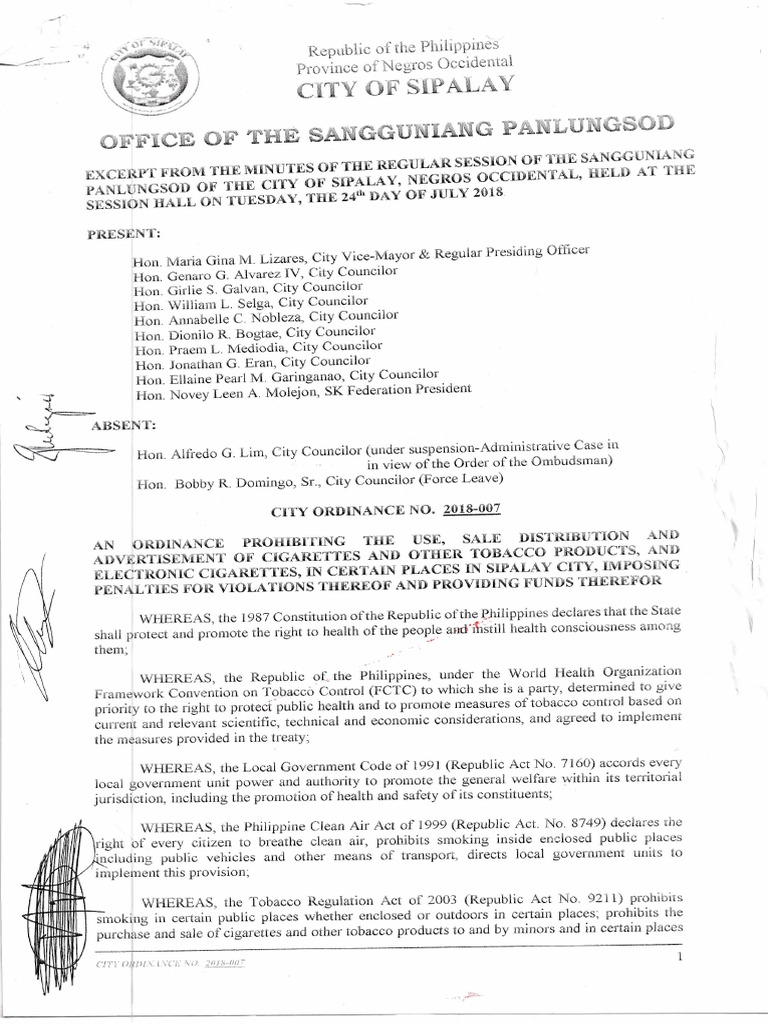 City Ordinance 2018007 AntiSmoking PDF Crops Habits