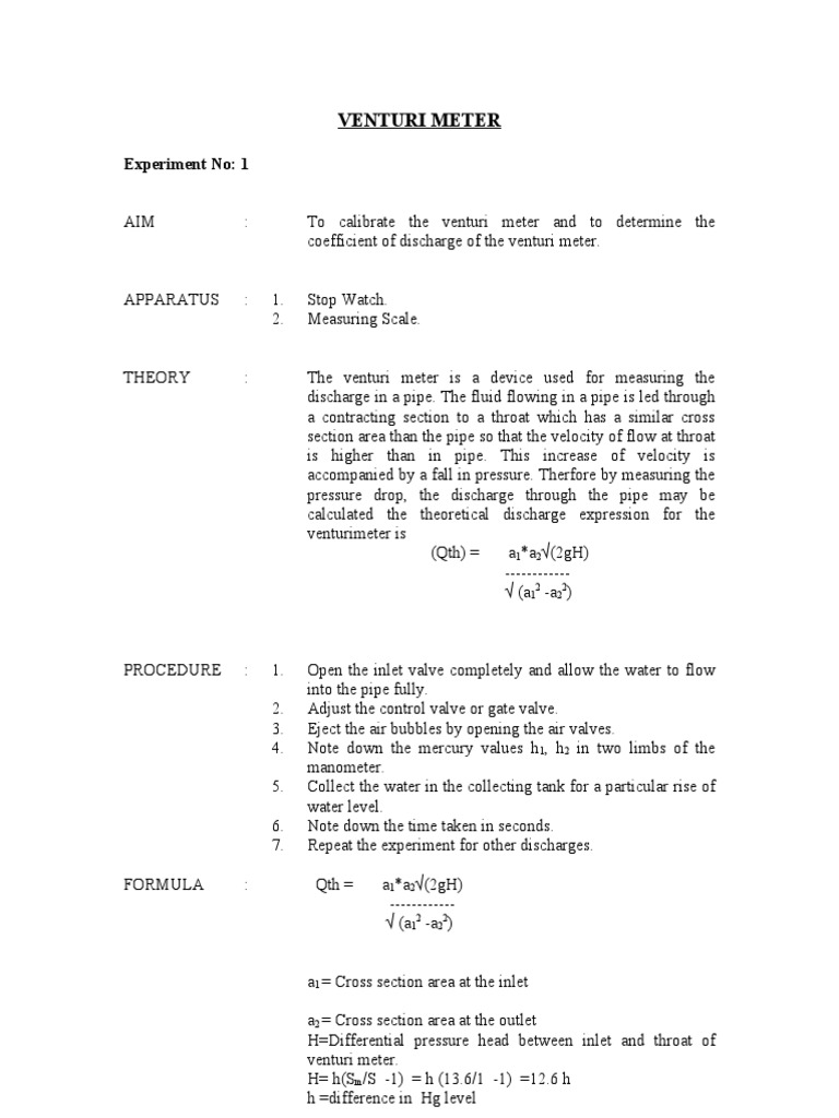 Venturi Meter Experiment No 1 PDF Fluid Dynamics Civil Engineering