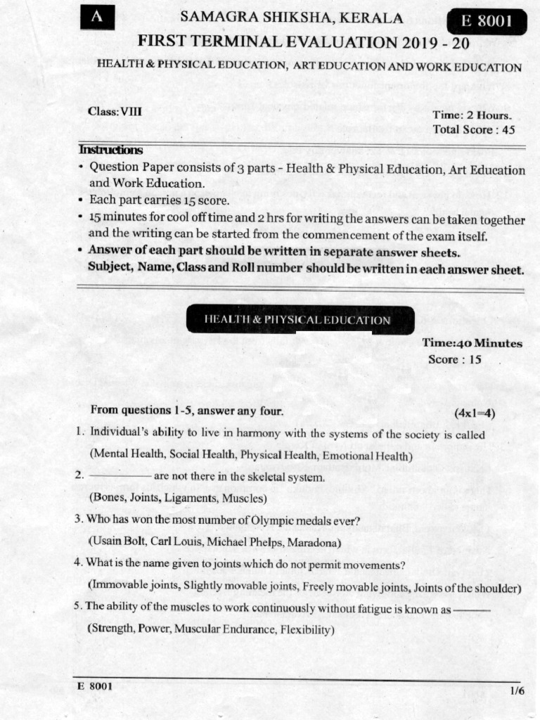 Kerala Class 8 First Term Onam Exam Question Paper 2019 Art, WE, Physical Education (EM) PDF