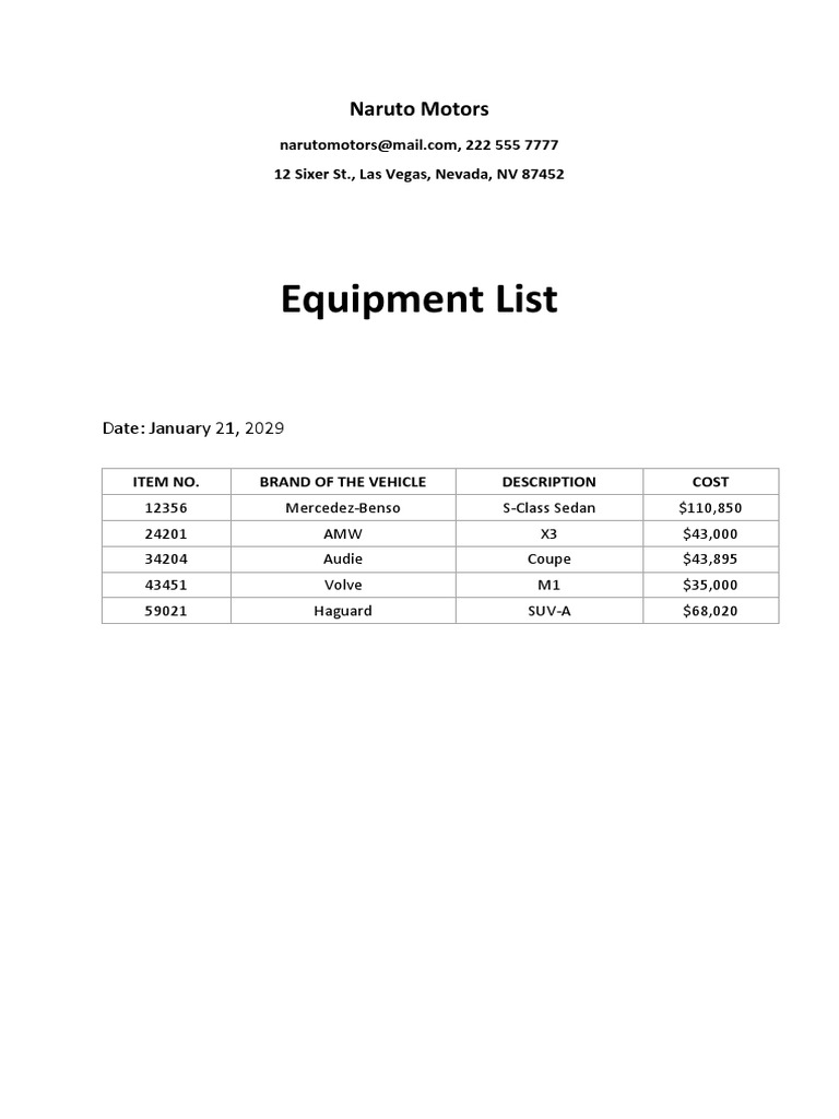 Free Car Price List Template PDF