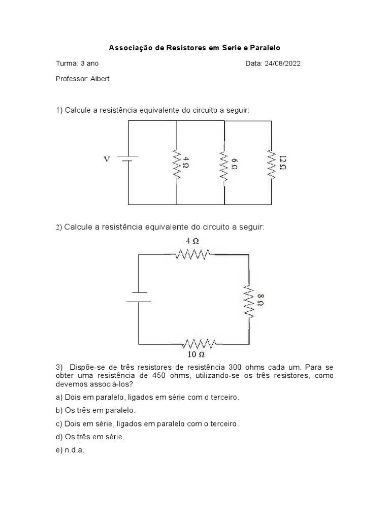 Associação de Resistores em Serie e Paralelo ATIVIDADE | PDF ...