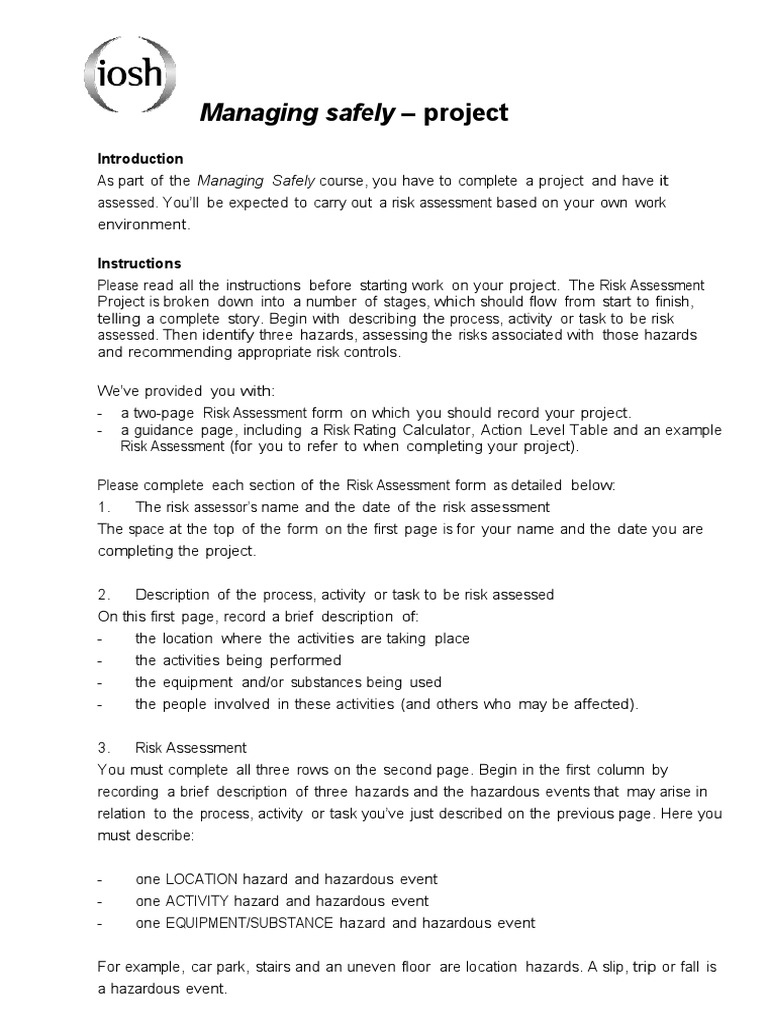 IOSH Risk Assessment Project Guide | PDF | Risk | Hazards