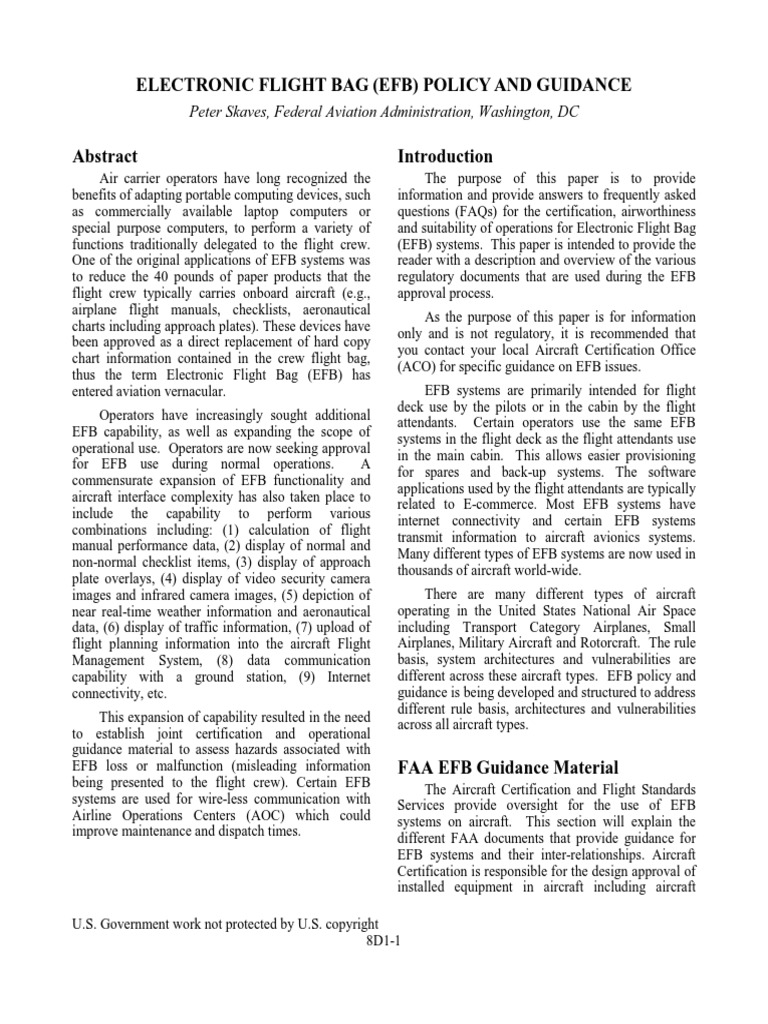 Electronic Flight Bag (Efb) Policy and Guidance Peter Skaves, Federal