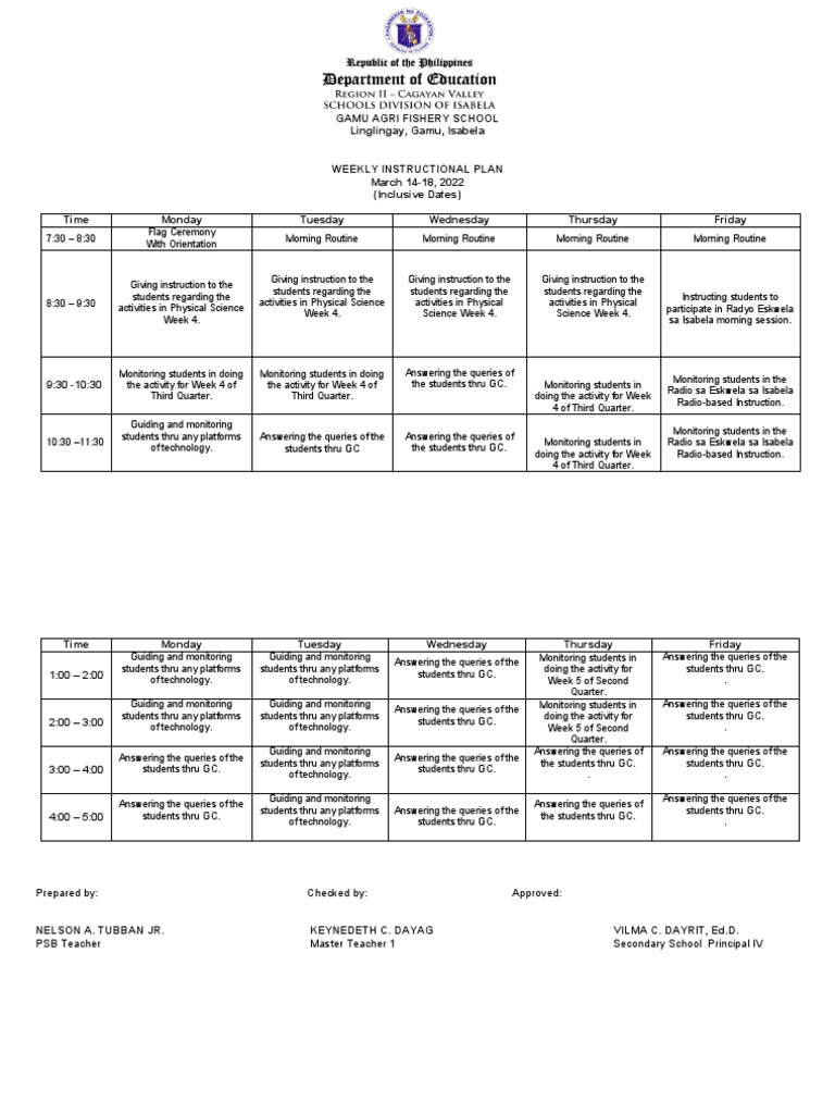 WEEKLY INSTRUCTIONAL PLAN-March 14-18 | PDF