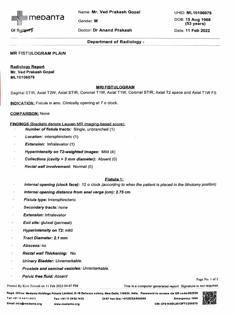 Mri Report (V.p. Gopal) | PDF | Radiology | Medical Specialties