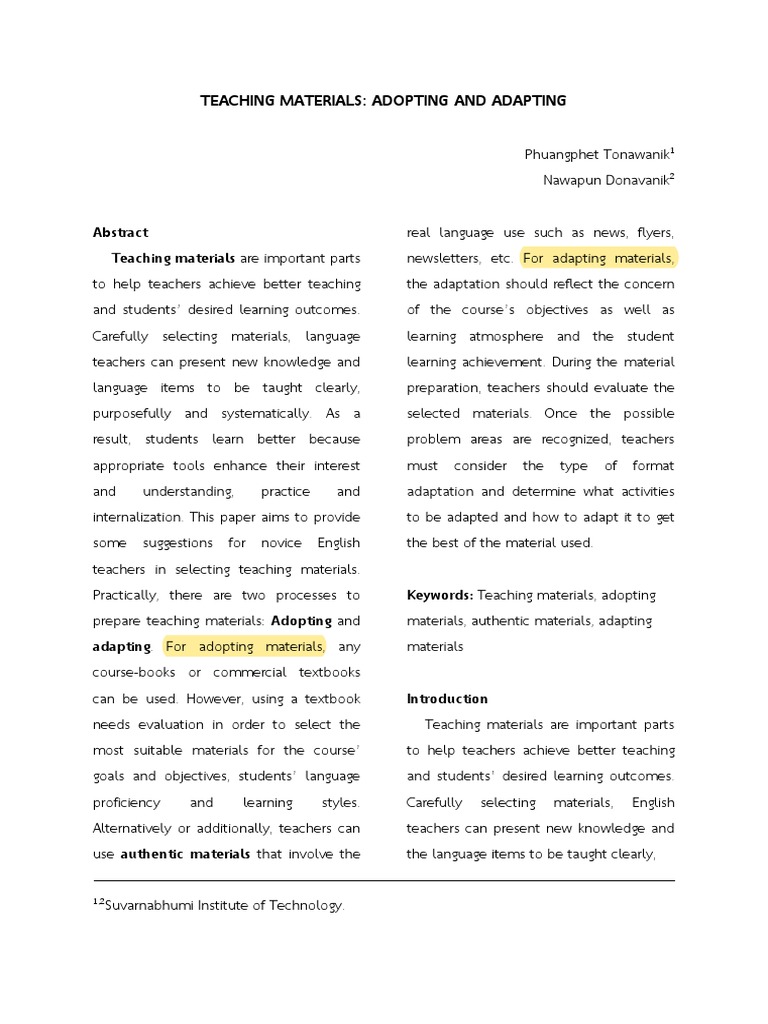 Adapting and Adopting Teaching Materials PDF Teaching Method Teachers