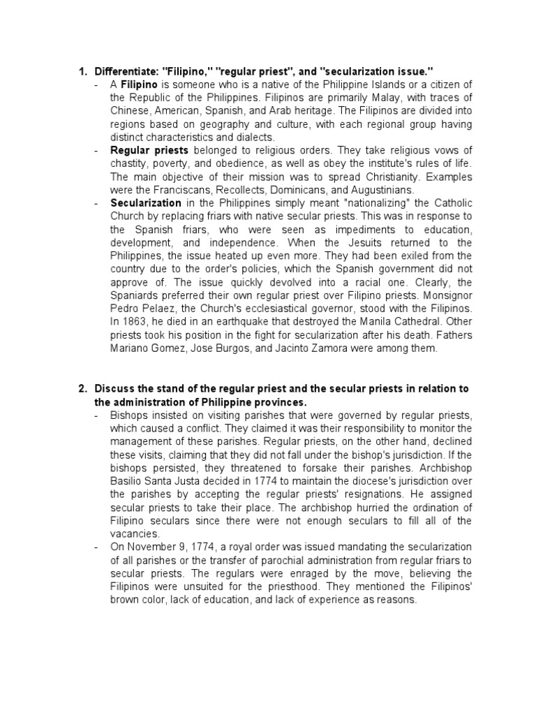 Differentiate filipino regular priest and secularization issue