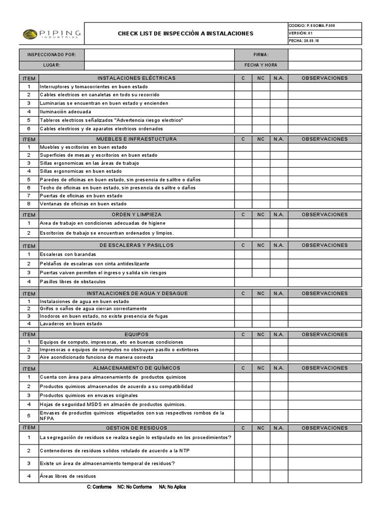 Inspección de instalaciones: Check list de seguridad y orden | PDF