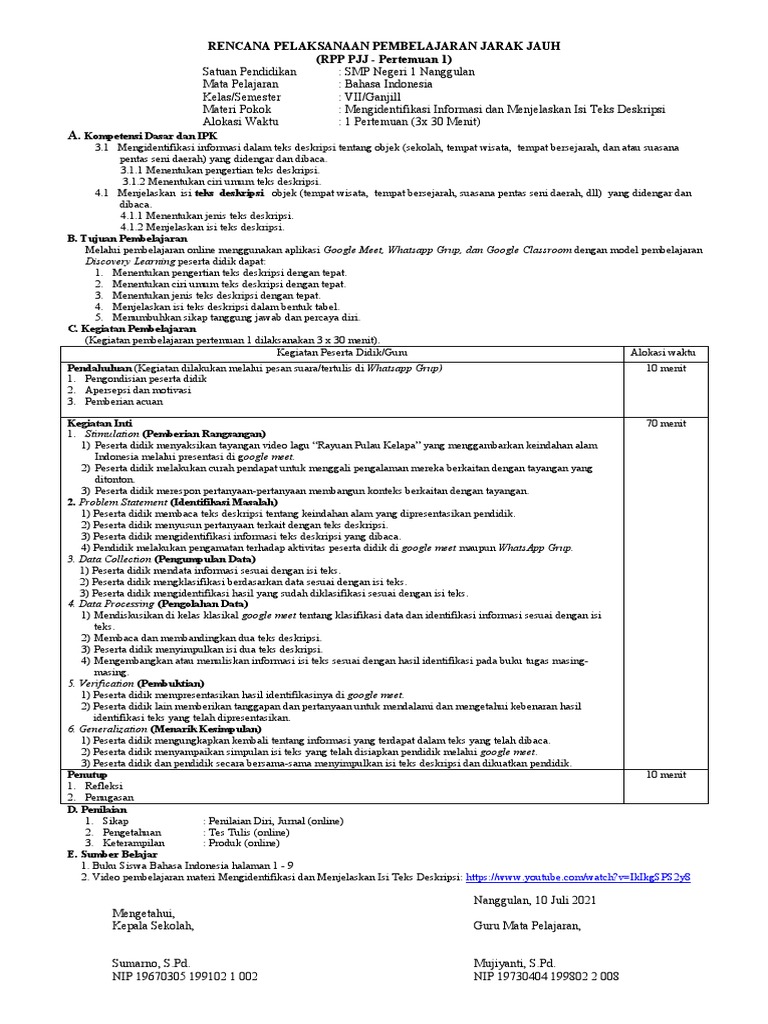 Rencana Pelaksanaan Pembelajaran Jarak Jauh (RPP PJJ - Pertemuan 1) | PDF