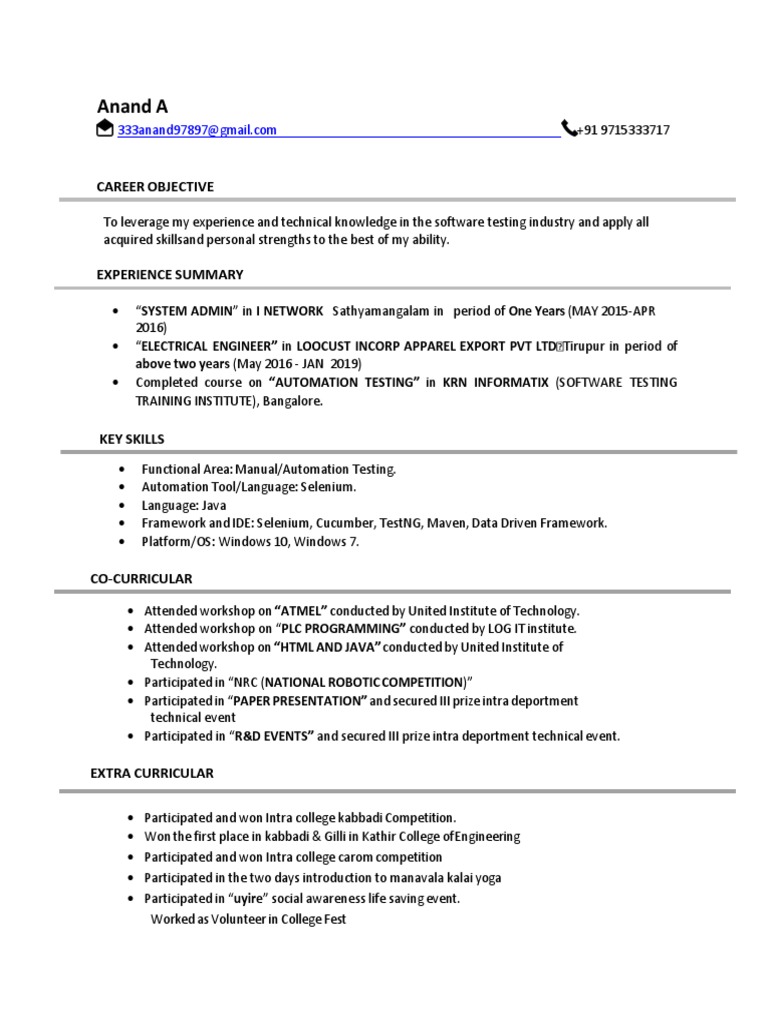 Software Testing Resume of Anand A | PDF | Selenium (Software) | Computing