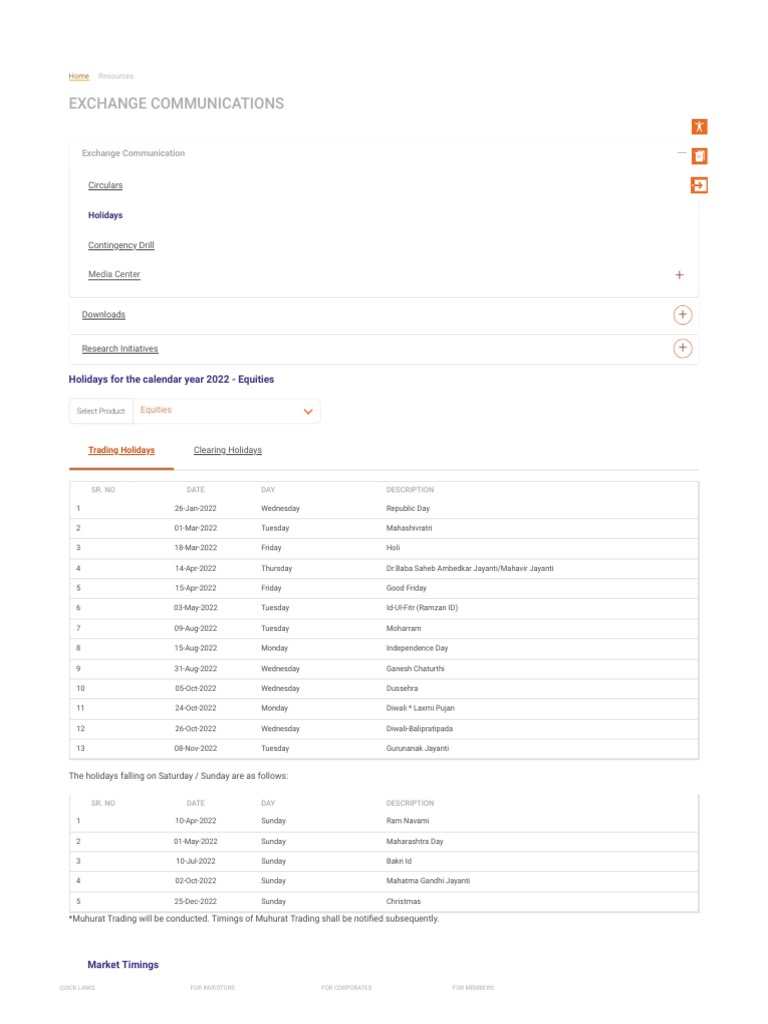 Market Timings & Holidays NSE India PDF Financial Economics