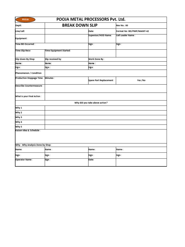 Breakdown Slip Format for Pooja Metal | PDF