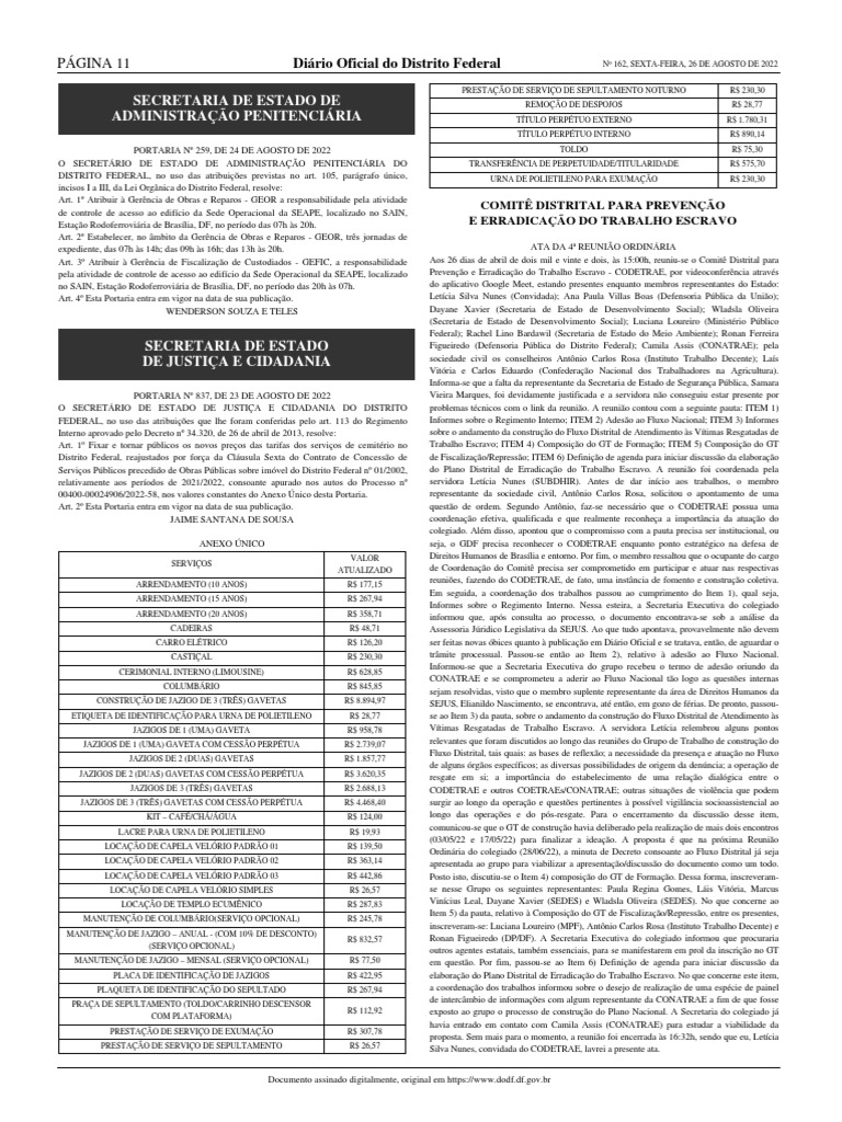Novas Tarifas de Serviços de Cemitério DF | PDF | Justiça | Crime e ...