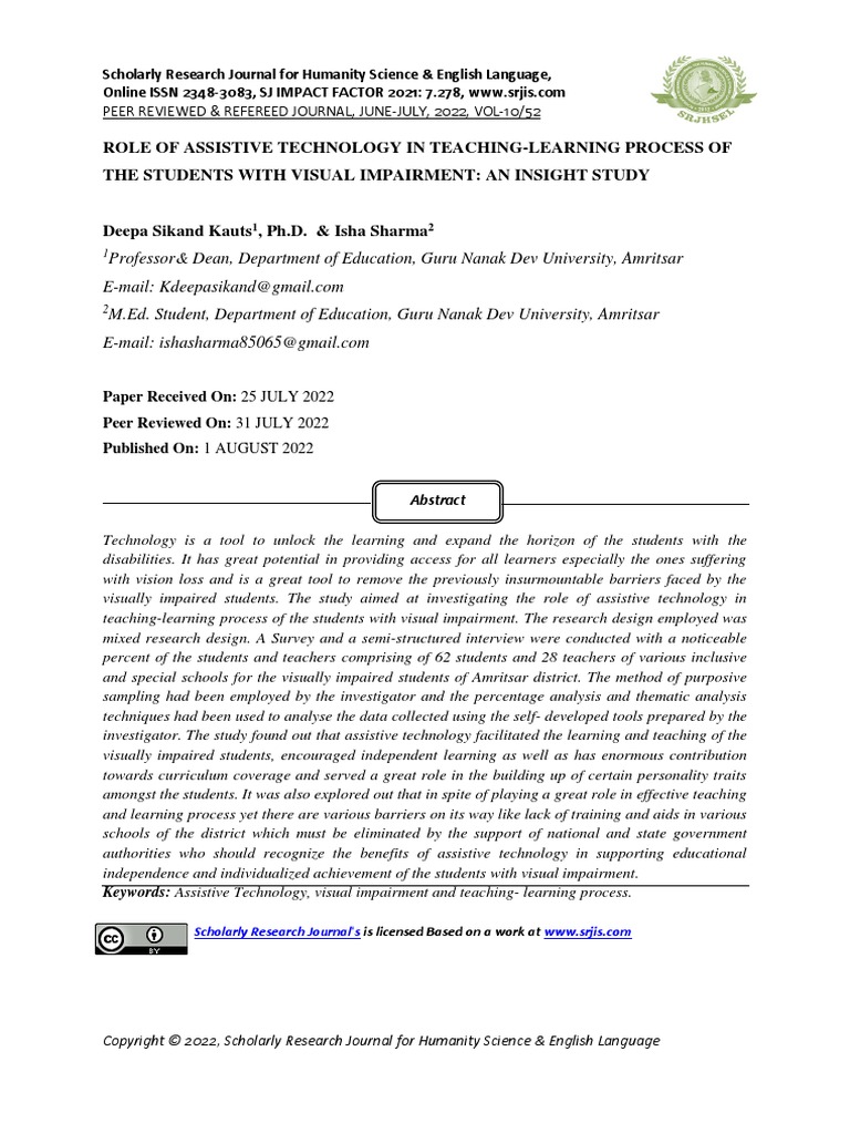 Role of Assistive Technology in Teaching-Learning Process of The ...
