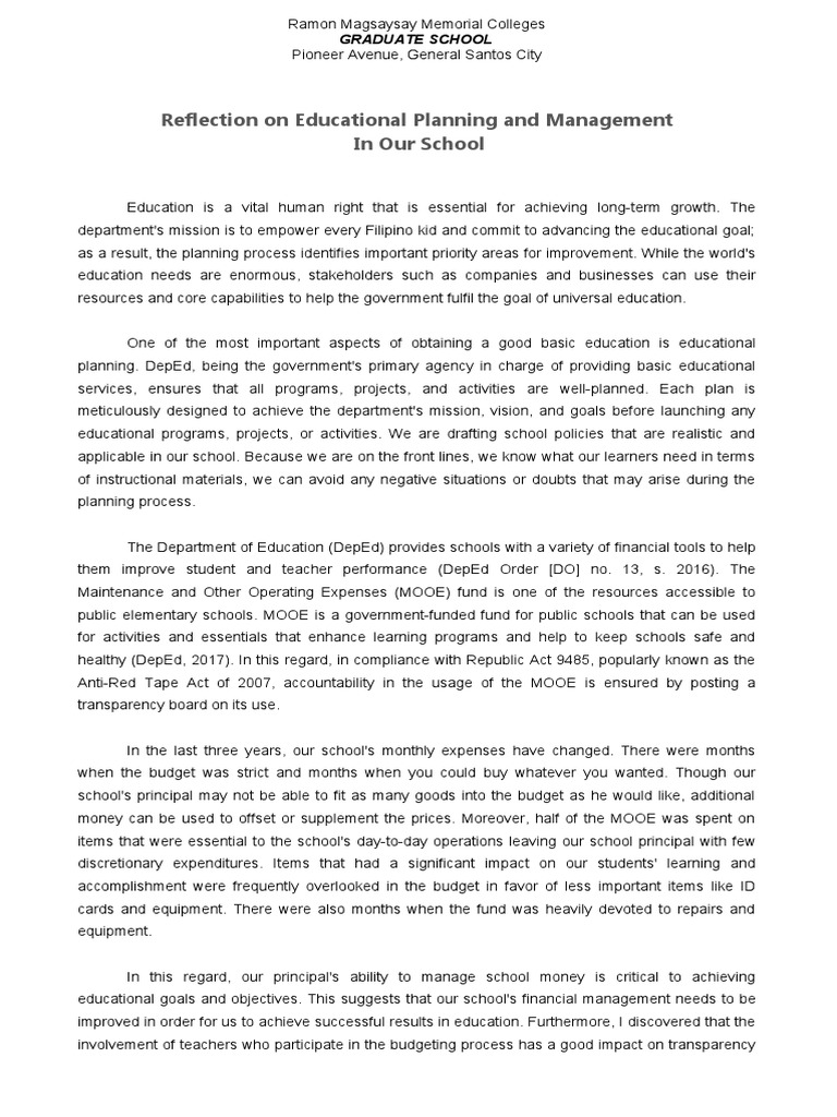 Reflection on Educational Planning and Management PDF Goal Learning
