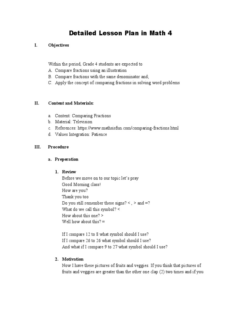 Detailed Lesson Plan in Math 4: I. Objectives | PDF | Mathematics ...