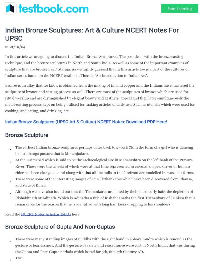 Ncert Notes Indian Bronze Sculpture | PDF