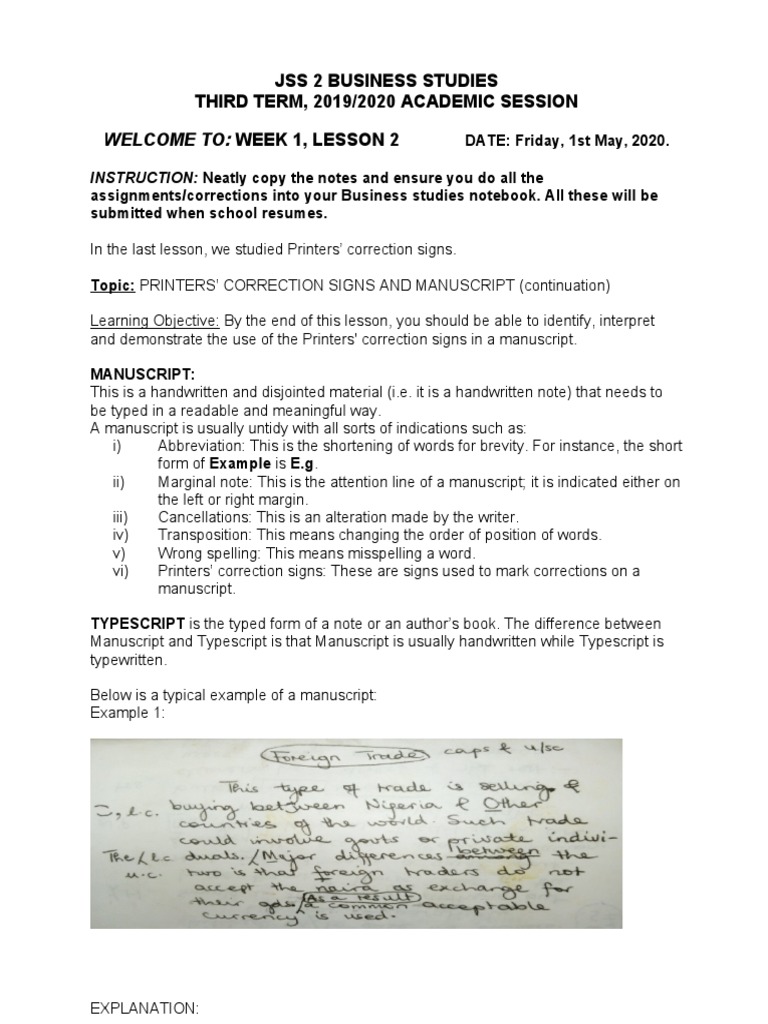 Jss 2 Business Studies Week 1 Lesson 2 PDF Manuscript Letter Case