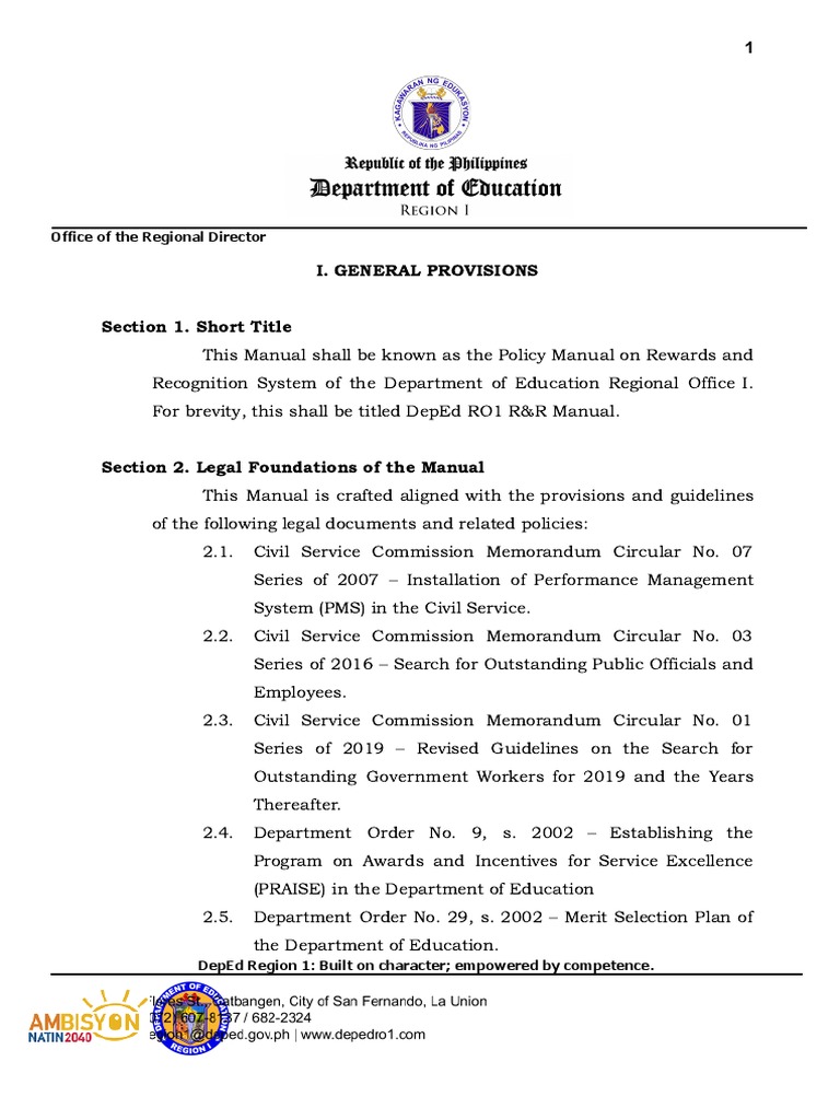 DepEd RO1 Rewards and Recognition Manual | PDF | Incentive | Committee