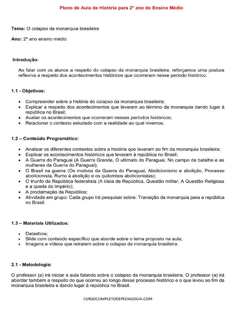 Plano de Aula de Historia para 2° Ano Do Ensino Medio | PDF