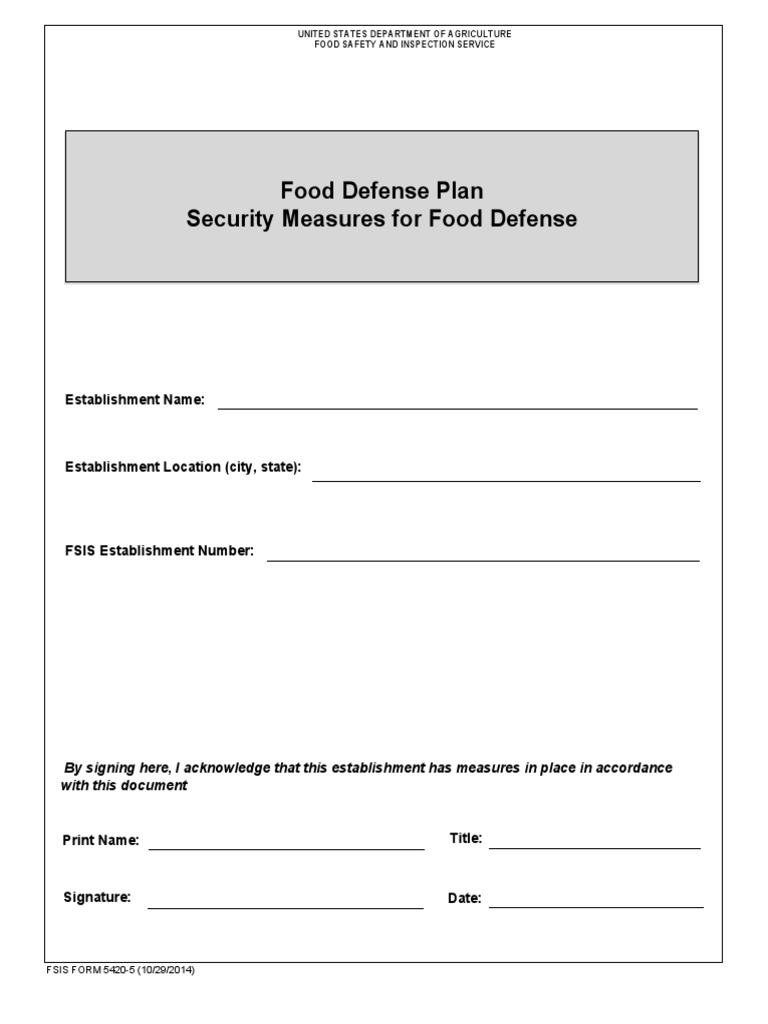 Form 5420 5 General Food Defense Plan PDF Computer Security Security