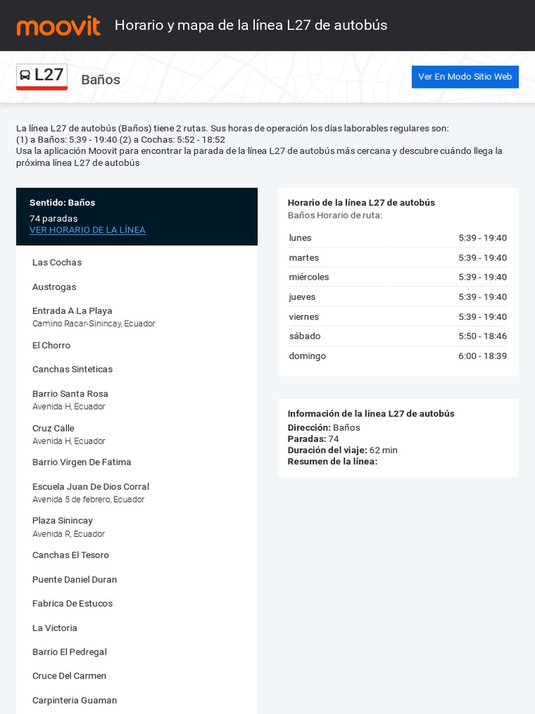 Baños: Horario y Mapa de La Línea L27 de Autobús | PDF | Industrias de ...