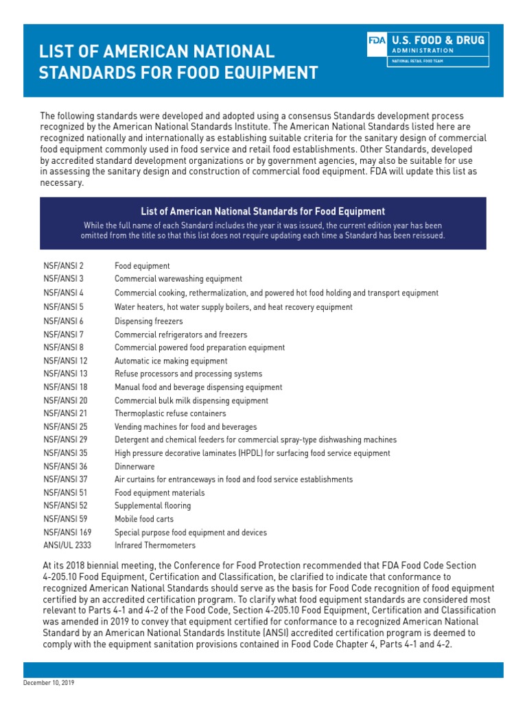 List of American National Standards For Food Equipment Fact Sheet PDF