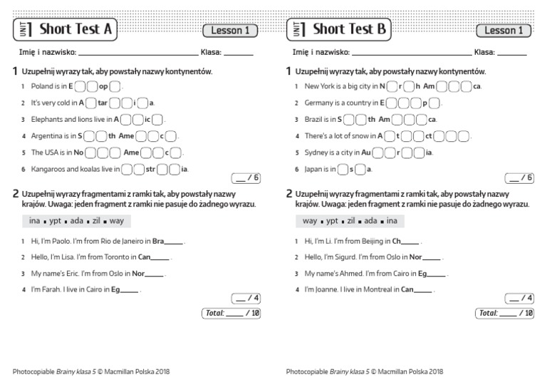 Brainy Klasa 5 Testy Pdf Chomikuj Brainy 5 Short Tests Unit 1 Lesson 1 Compress | PDF