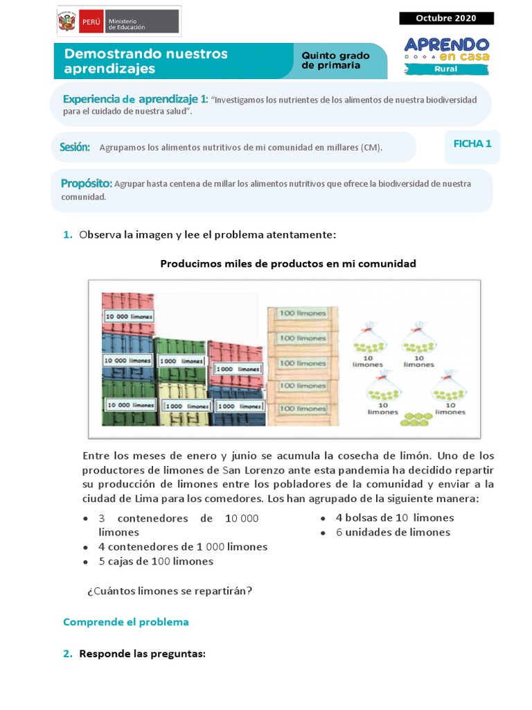 Ficha1 Sesión 1 Exp 1 Matemática Quinto Grado - Octubre 2020 | PDF