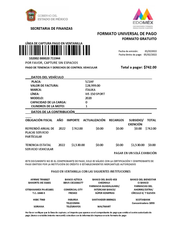 Formato de Pago de Tenencia Edomex 2024 | PDF | Bancos | Economias