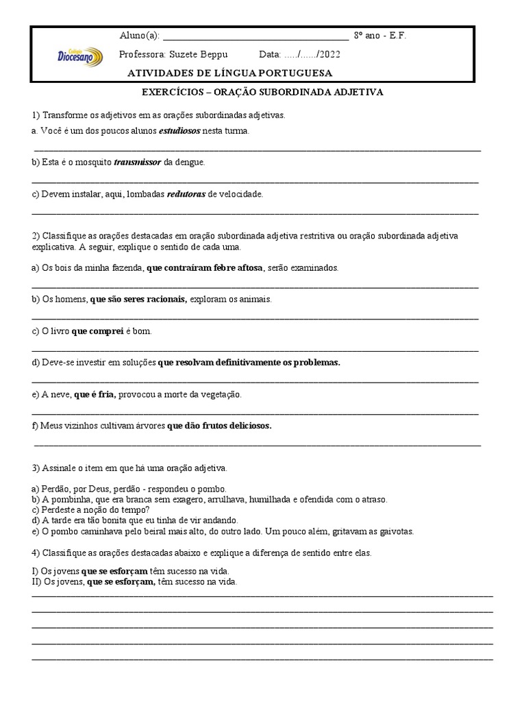 Exercícios de Oração Subordinada Adjetiva | PDF