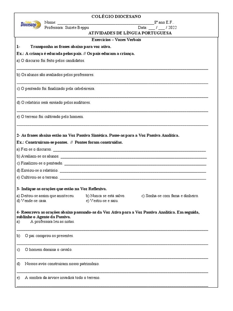 Exercícios - VOZES VERBAIS | PDF | Tipologia linguística | Morfologia ...