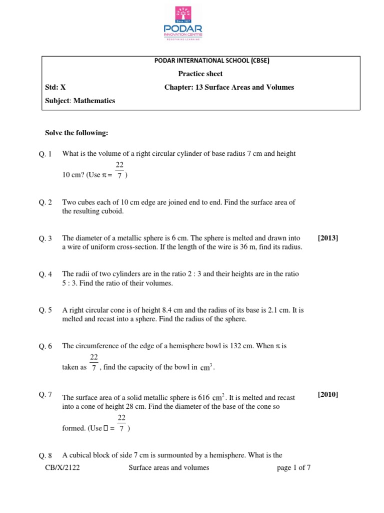 Class 10 Surface Area & Volume Worksheet | PDF | Sphere | Volume