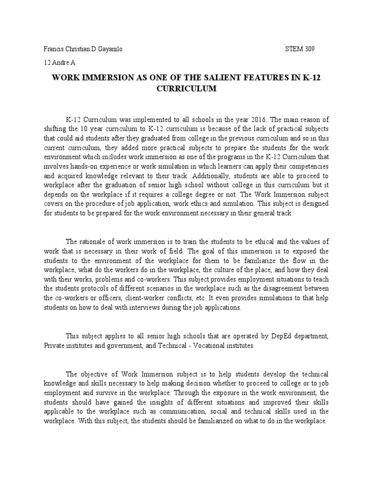 Work Immersion As One of The Salient Features in K-12 Curriculum | PDF