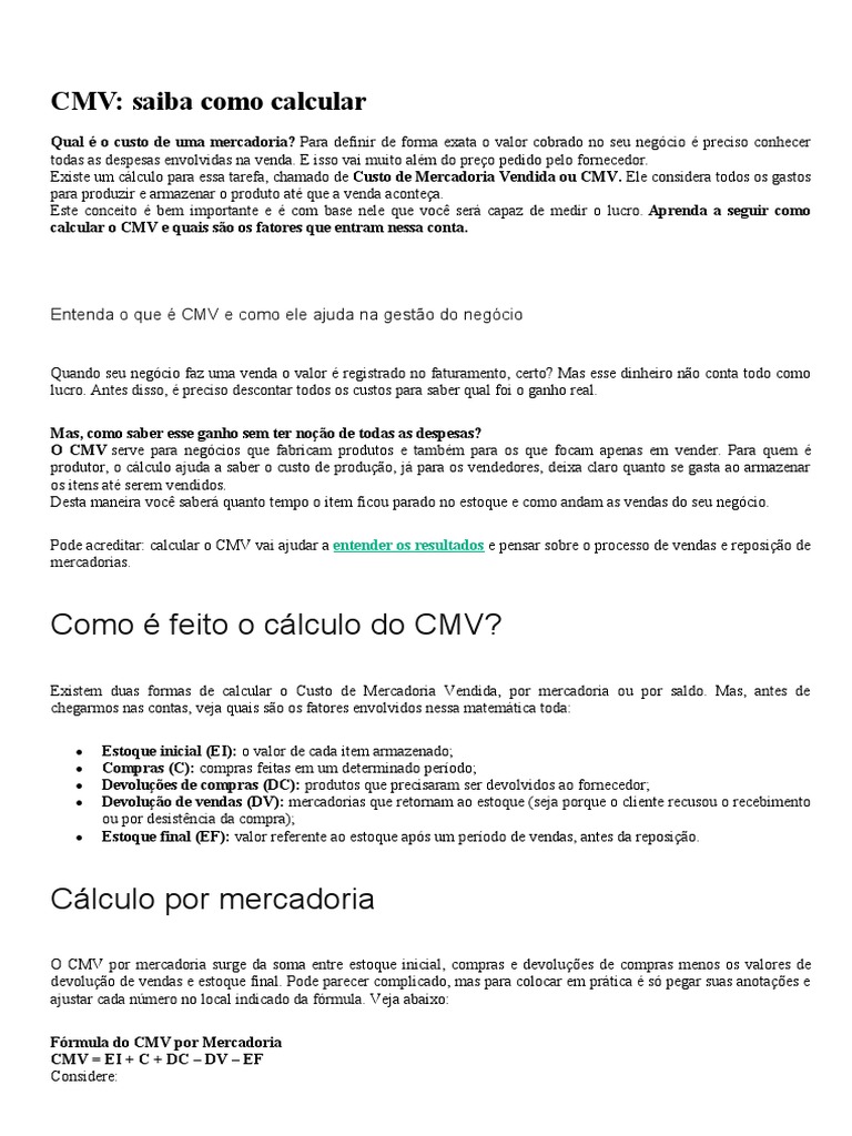 CMV: Saiba Como Calcular | PDF | Contabilidade | Impostos