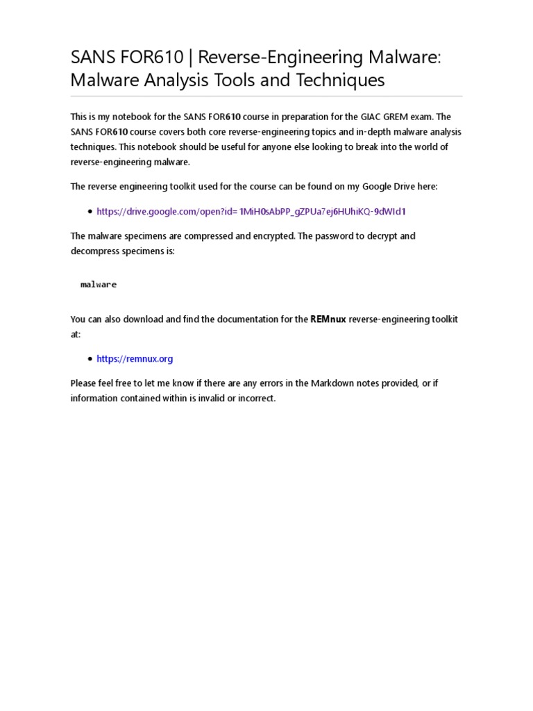 FOR610: Malware Reverse Engineering Guide | PDF | Subroutine | Malware