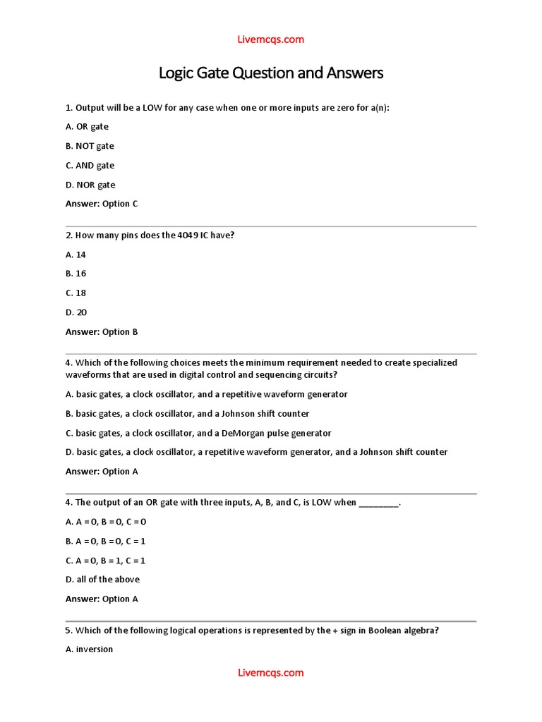 Logic Gate Question and Answers | PDF | Logic Gate | Manufactured Goods