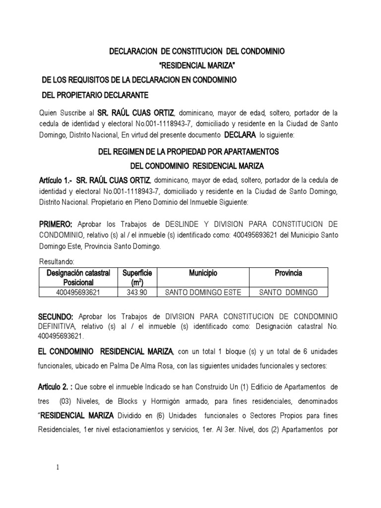 Declaración de constitución de condominio residencial 