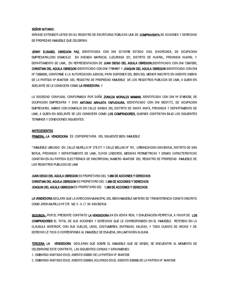 Minuta Compra Venta Arhuata Y Jeny Final Pdf Justicia Crimen Y