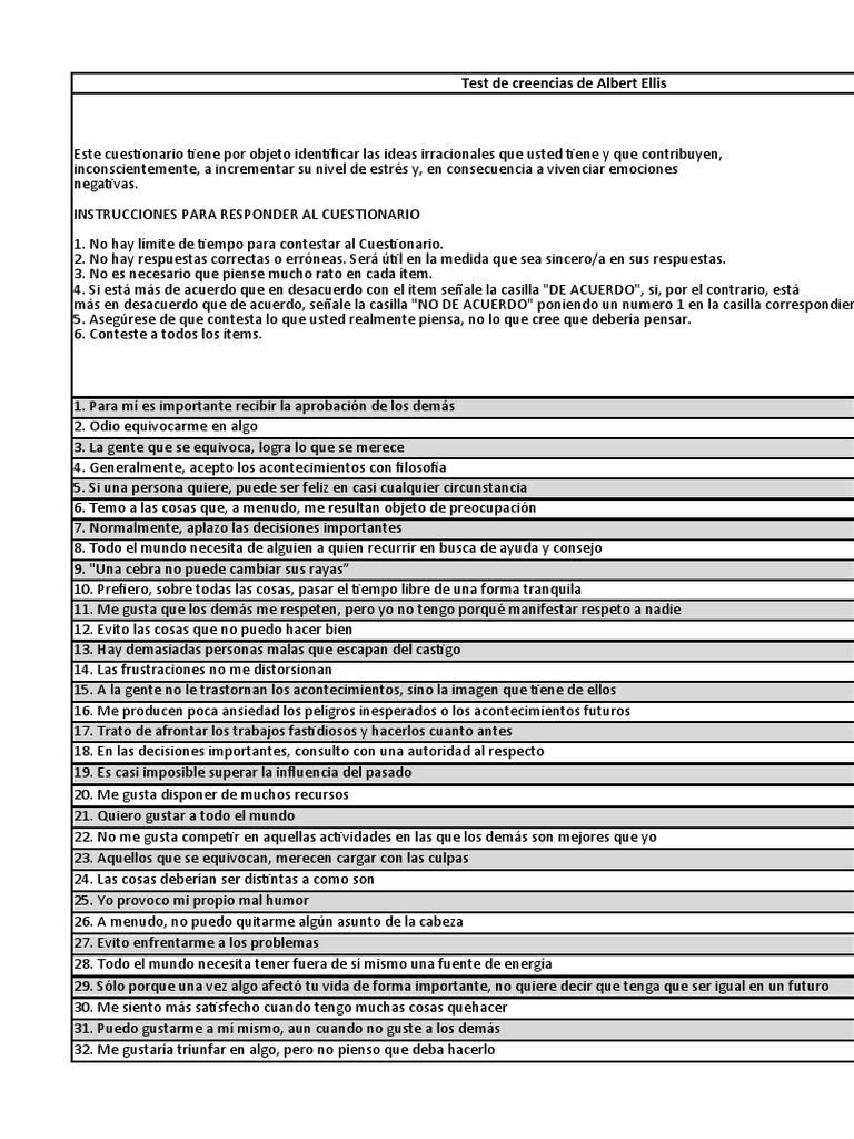 Test de Creencias de Albert Ellis Individual | PDF | Ansiedad | Sicología