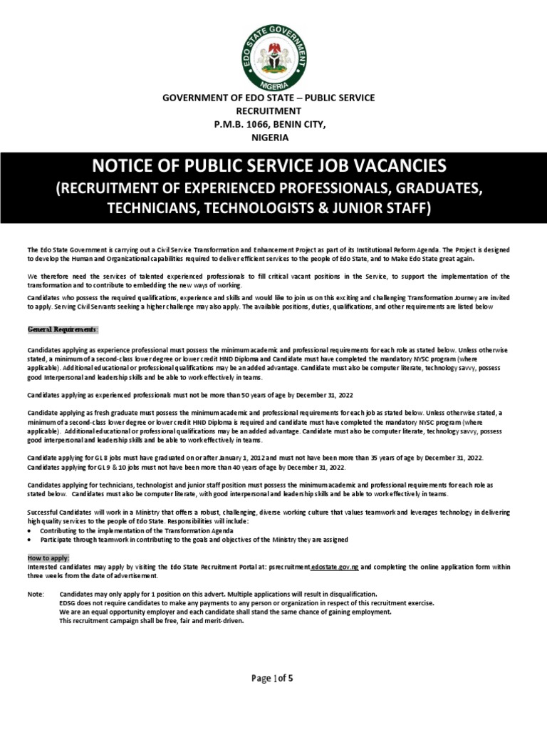 Edo State Public Service Job Vacancies | PDF | Pharmacist | Surgery