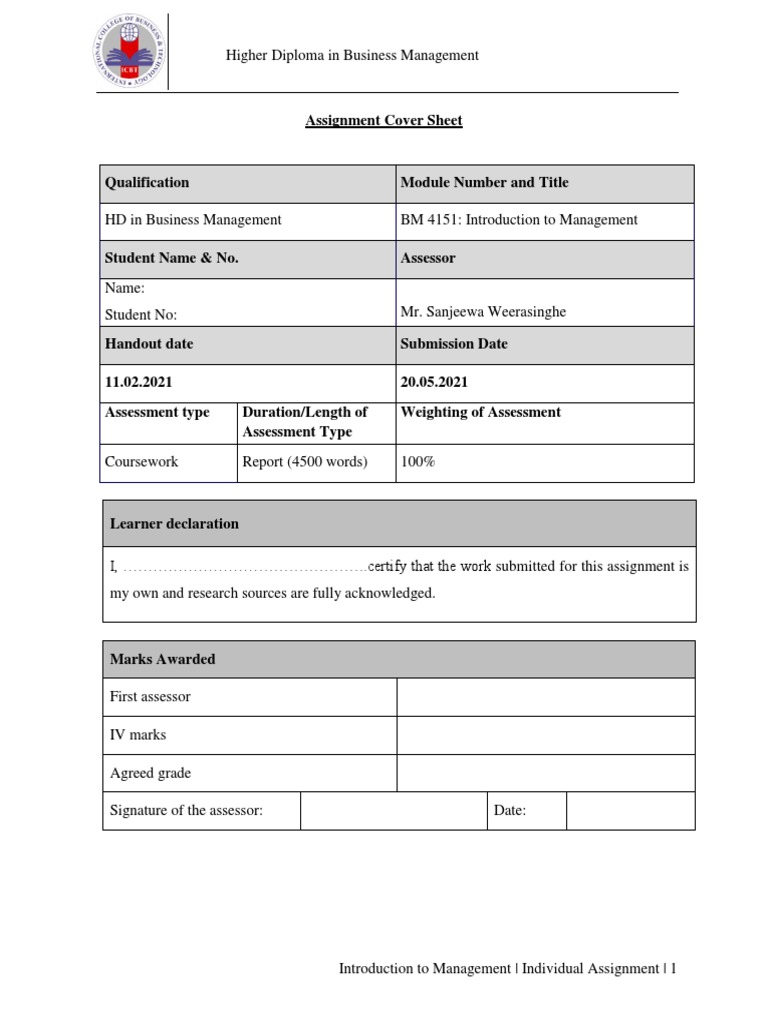 Introduction To Management - Assignment | PDF | Theory | Goal